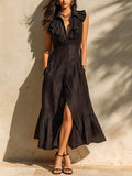 Chic Elegant Black Cotton-Linen Blend Lapel Single-Breasted Sleeveless Ruffled Detail Tailored-Waist Maxi Dress