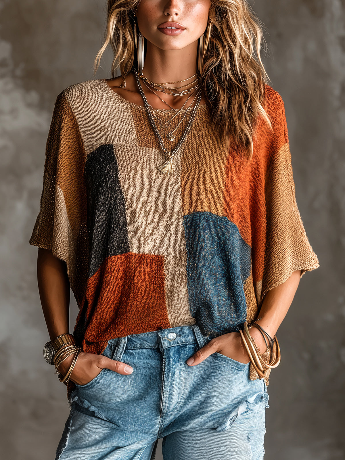 Chic Elegant Multi-Color Patchwork Round-Neck Dropped Shoulder Half-Sleeve Loose-Fit Knit Sweater Top