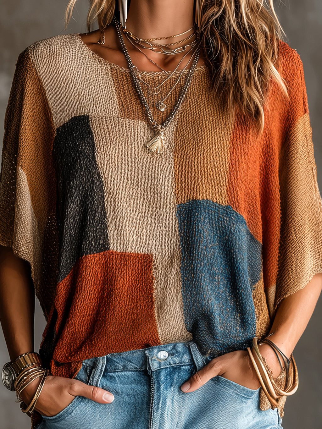 Chic Elegant Multi-Color Patchwork Round-Neck Dropped Shoulder Half-Sleeve Loose-Fit Knit Sweater Top