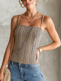 Chic Elegant Camel-Black Pinstripes Spaghetti Straps Square-Neck Slim-Fit Knit Camisole