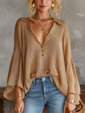 Chic Elegant Camel Button-Up V-Neck Dropped Shoulder Long-Flared-Sleeve Loose-Fit Mesh Knit Sweater Top