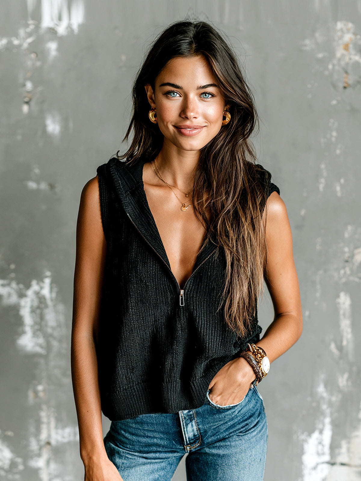 Chic Elegant Black Zipper-Up Hooded Collar Sleeveless Loose-Fit Ribbed Knit Vest Top