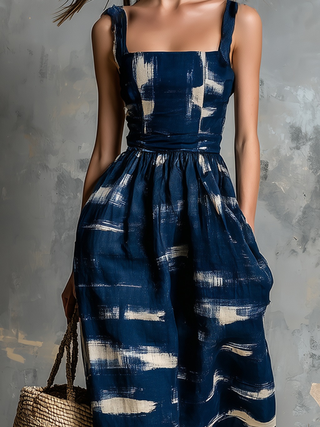 Chic Elegant Navy Blue Cotton Linen Blend  Wide Straps Square-Neck Abstract Print Sleeveless Tailored-Waist Loose-Fit Wide-Leg Cropped Jumpsuit