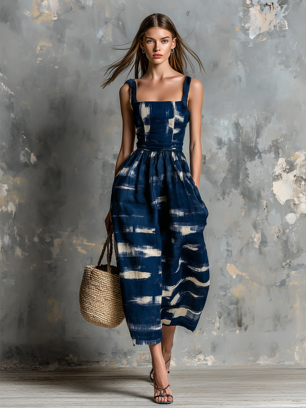 Chic Elegant Navy Blue Cotton Linen Blend  Wide Straps Square-Neck Abstract Print Sleeveless Tailored-Waist Loose-Fit Wide-Leg Cropped Jumpsuit