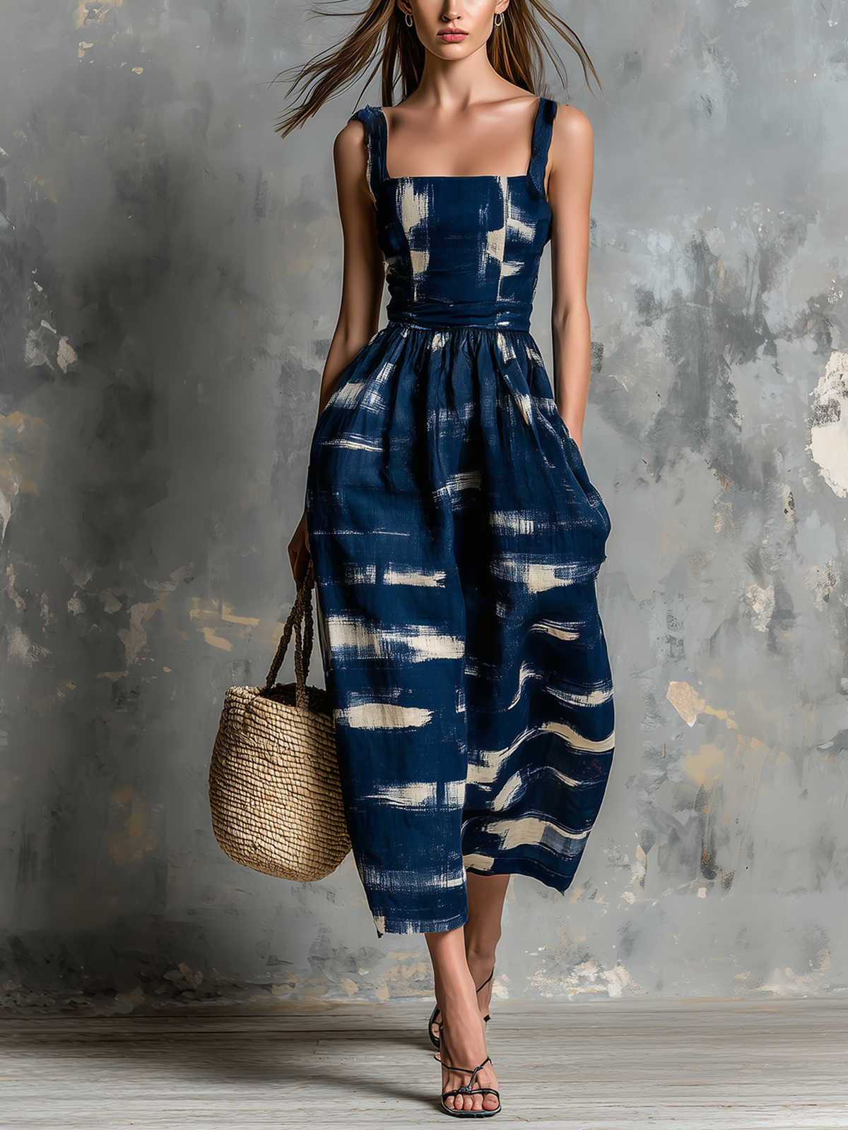 Chic Elegant Navy Blue Cotton Linen Blend  Wide Straps Square-Neck Abstract Print Sleeveless Tailored-Waist Loose-Fit Wide-Leg Cropped Jumpsuit
