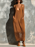 Chic Elegant Caramel U-Neck Patch Pockets Sleeveless Hollow-Out Hem Knit Maxi Dress