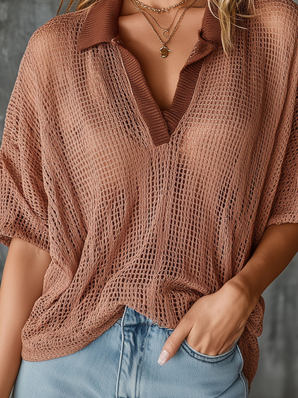 Chic Casual Dusty Clay Lapel-Collar V-Neck Short-Sleeve Loose-Fit  Mesh Knit Sweater Top