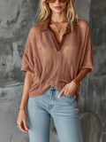 Chic Casual Dusty Clay Lapel-Collar V-Neck Short-Sleeve Loose-Fit  Mesh Knit Sweater Top
