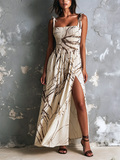 Chic Elegant Off-White Abstract Branch Line Print Spaghetti Straps Square-Neck Sleeveless Smocked Side Slit A-Line  Chiffon Midi Dress