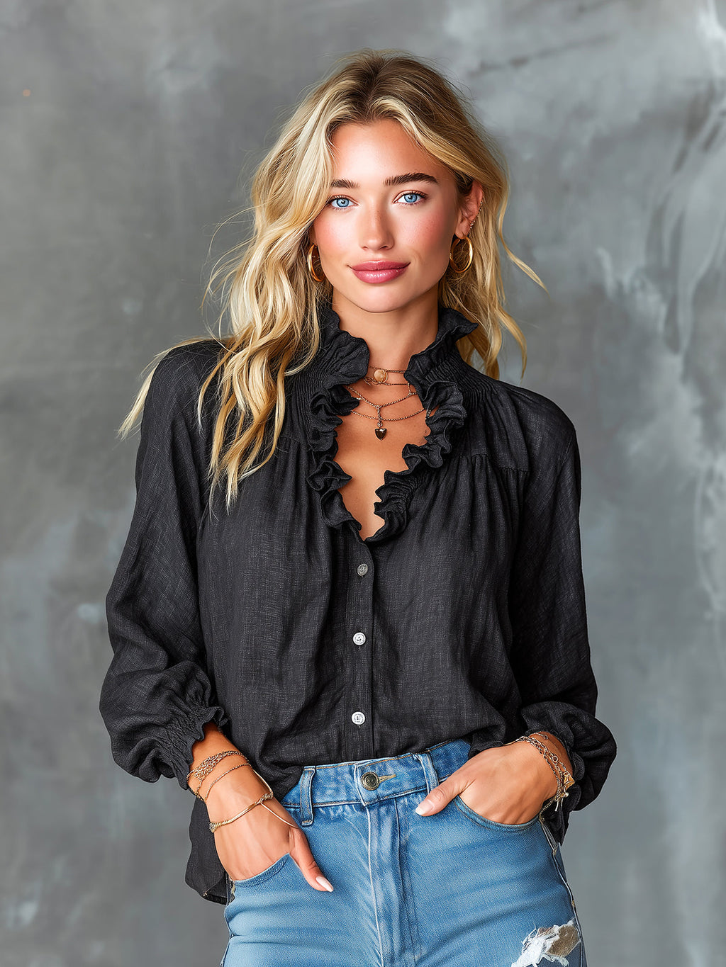 Chic Elegant Black Cotton-Linen Blend Stand Collar V-Neck Single-Breasted Long-Lantern-Sleeve Loose-Fit Shirt
