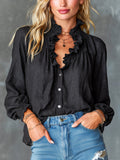 Chic Elegant Black Cotton-Linen Blend Stand Collar V-Neck Single-Breasted Long-Lantern-Sleeve Loose-Fit Shirt