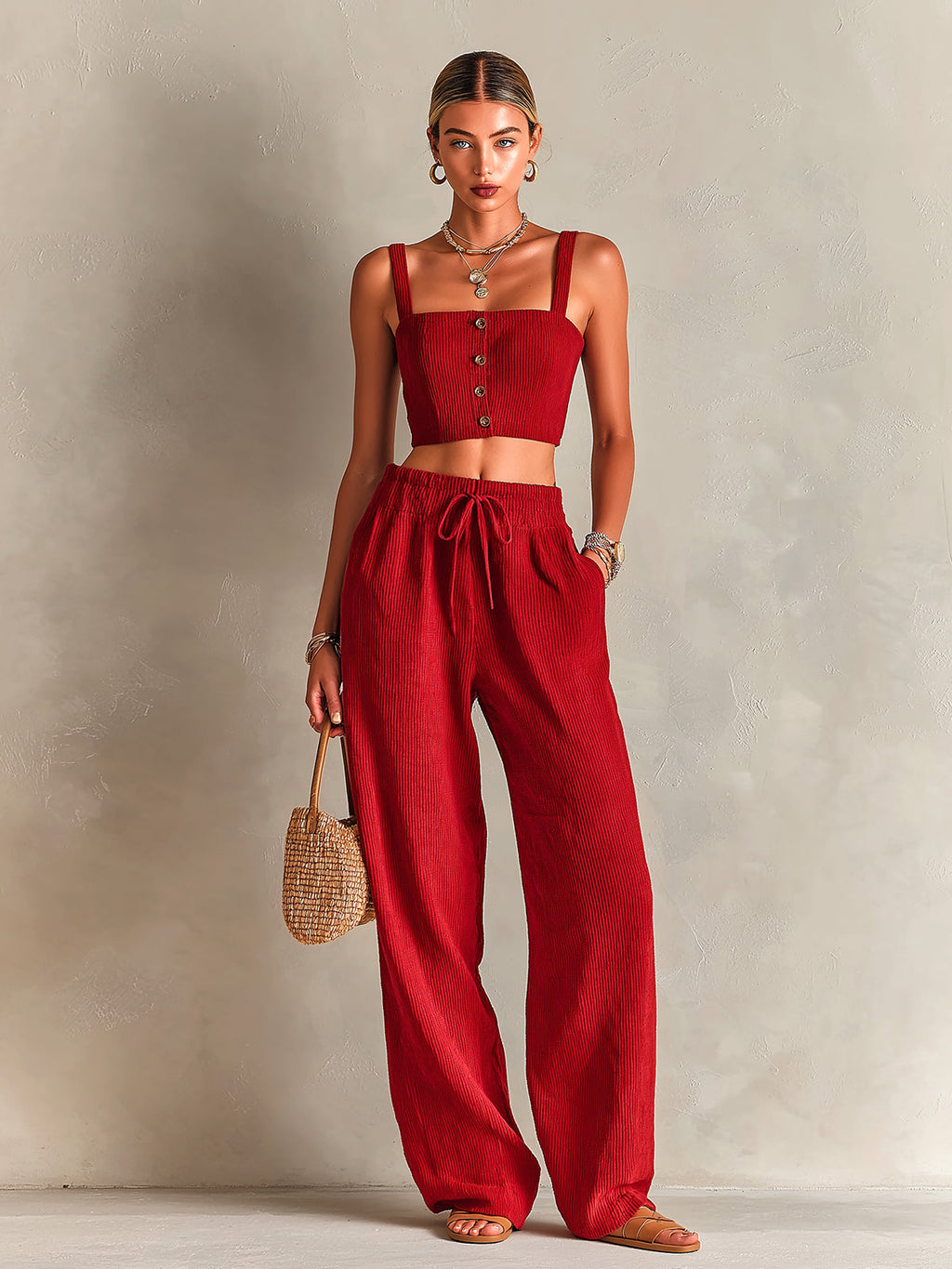 Chic Elegant Red Corduroy Spaghetti Straps Square-Neck Single-Breasted Cropped Vest Drawstring Elastic-Waist Wide-Leg Pants Two-Piece Set