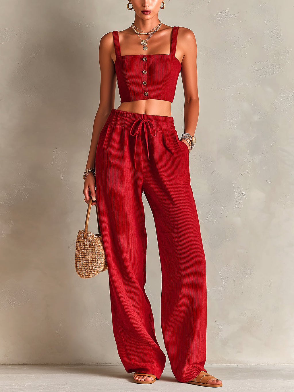 Chic Elegant Red Corduroy Spaghetti Straps Square-Neck Single-Breasted Cropped Vest Drawstring Elastic-Waist Wide-Leg Pants Two-Piece Set