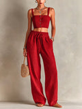 Chic Elegant Red Corduroy Spaghetti Straps Square-Neck Single-Breasted Cropped Vest Drawstring Elastic-Waist Wide-Leg Pants Two-Piece Set
