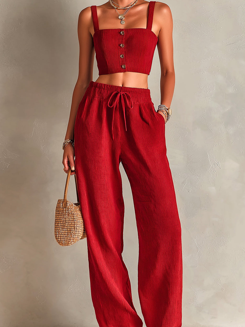 Chic Elegant Red Corduroy Spaghetti Straps Square-Neck Single-Breasted Cropped Vest Drawstring Elastic-Waist Wide-Leg Pants Two-Piece Set