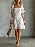 Chic Elegant White-Camel Stripes Square-Neck Short-Sleeve A-Line Loose-Fit Mini Dress