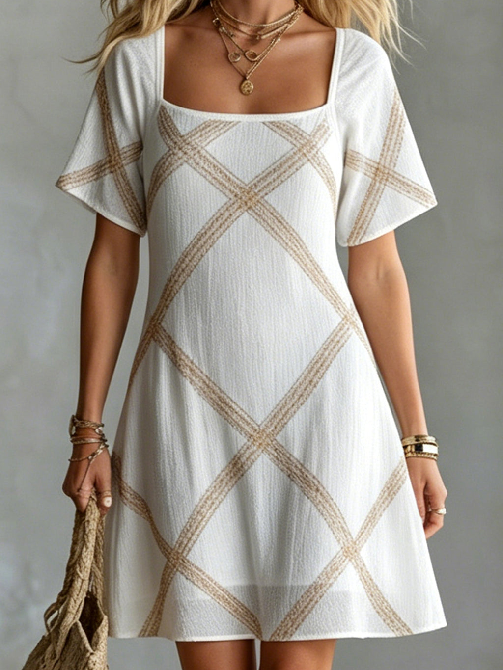Chic Elegant White-Camel Stripes Square-Neck Short-Sleeve A-Line Loose-Fit Mini Dress