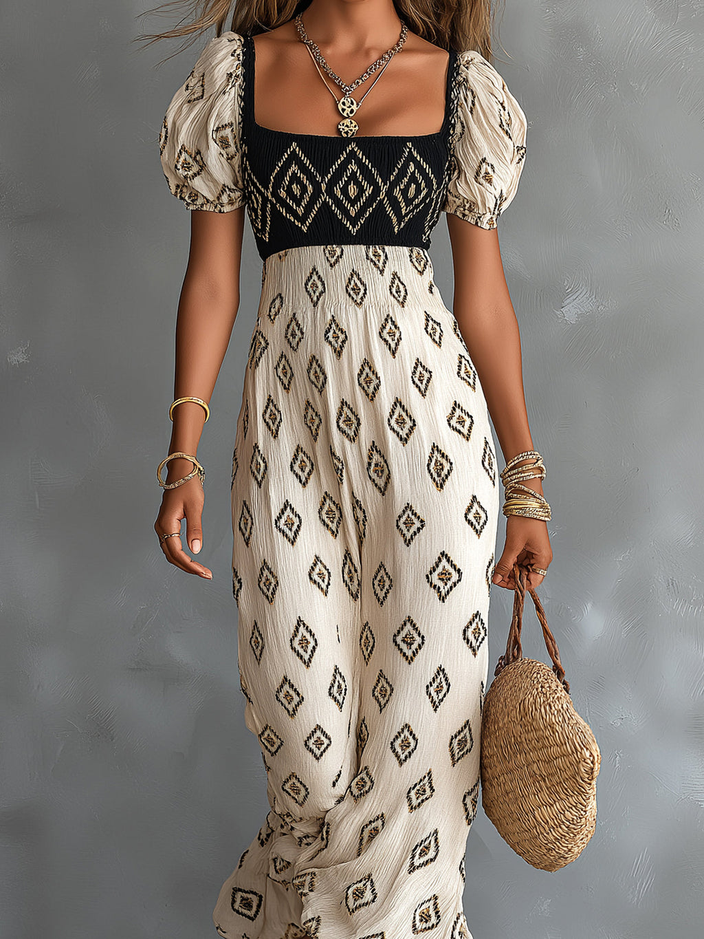 Chic Elegant Beige-Black Geometrical Pattern Print Square-Neck Short-Puff-Sleeve Tailored-Waist Loose-Fit Maxi Dress