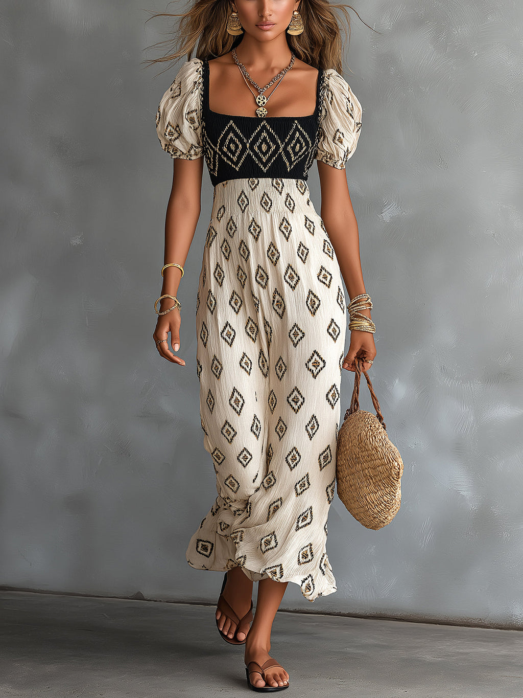 Chic Elegant Beige-Black Geometrical Pattern Print Square-Neck Short-Puff-Sleeve Tailored-Waist Loose-Fit Maxi Dress