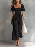 Chic Elegant Black Cotton Blend Square-Neck Short-Puff-Sleeve Shirring Detail A-Line Loose-Fit Maxi Dress