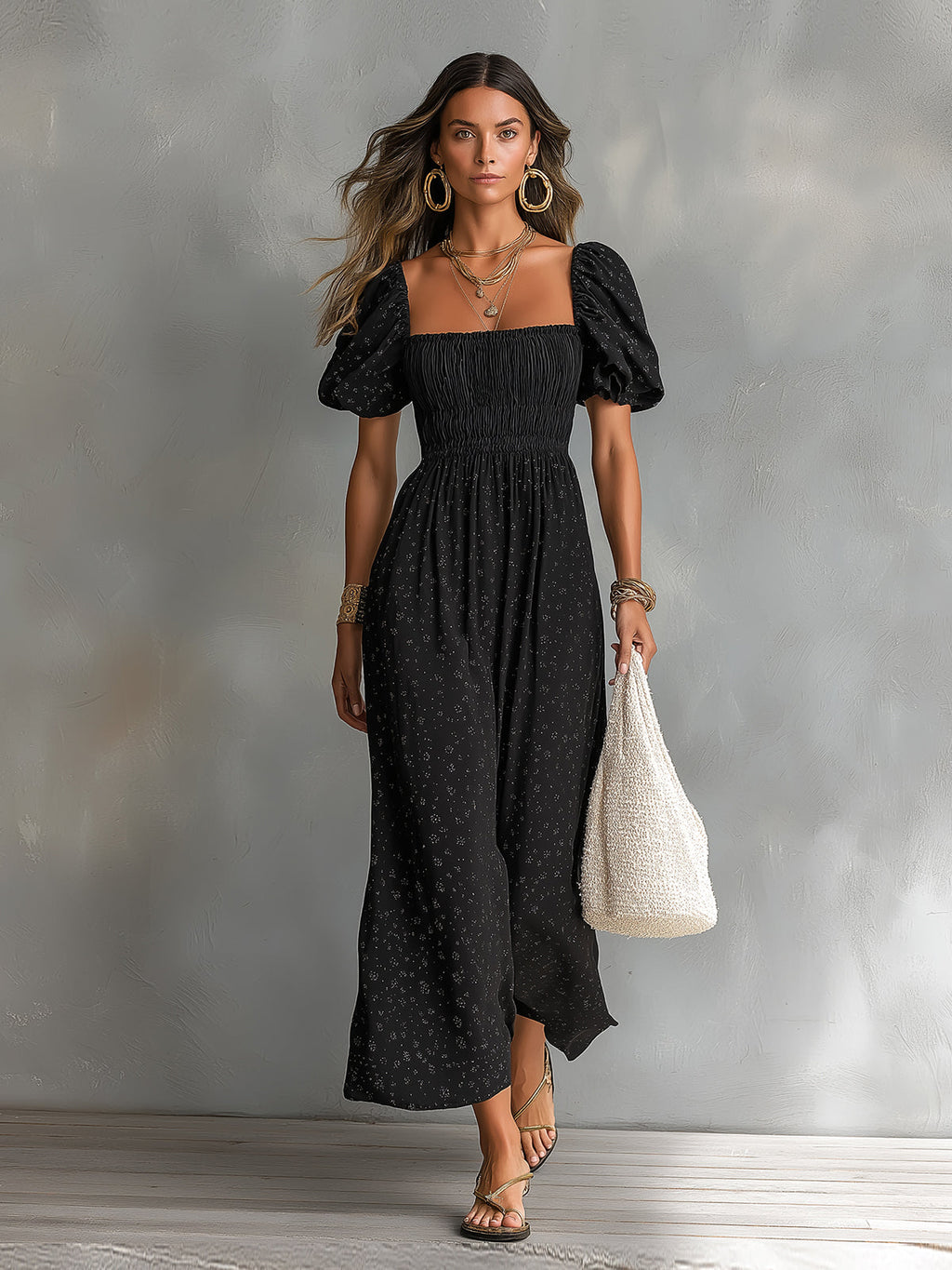 Chic Elegant Black Cotton Blend Square-Neck Short-Puff-Sleeve Shirring Detail A-Line Loose-Fit Maxi Dress