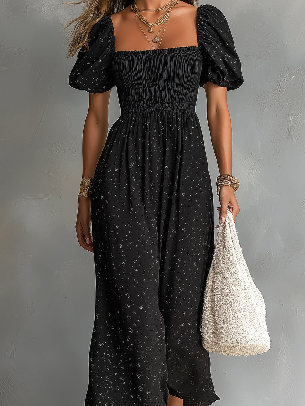 Chic Elegant Black Cotton Blend Square-Neck Short-Puff-Sleeve Shirring Detail A-Line Loose-Fit Maxi Dress