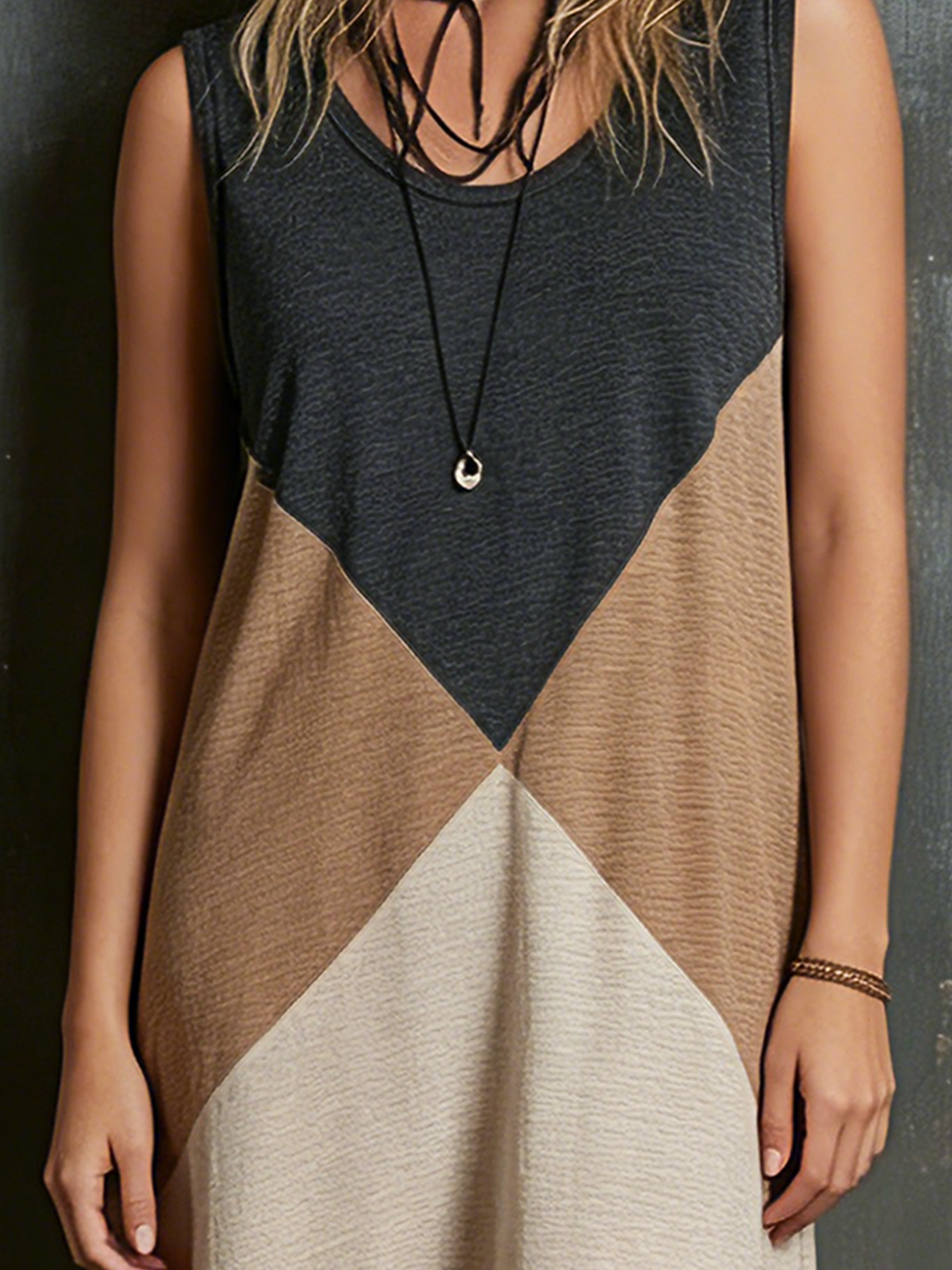 Chic Casual Heather-Camel-Beige Colorblock U-Neck Sleeveless Loose-Fit Slub Cotton Fabric Mini Dress