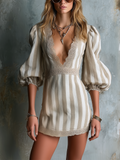 Chic Elegant White-Camel Stripe V-Neck Lace Trim Puff Sleeve Tailored-Waist Cotton Linen Blend Mini Dress
