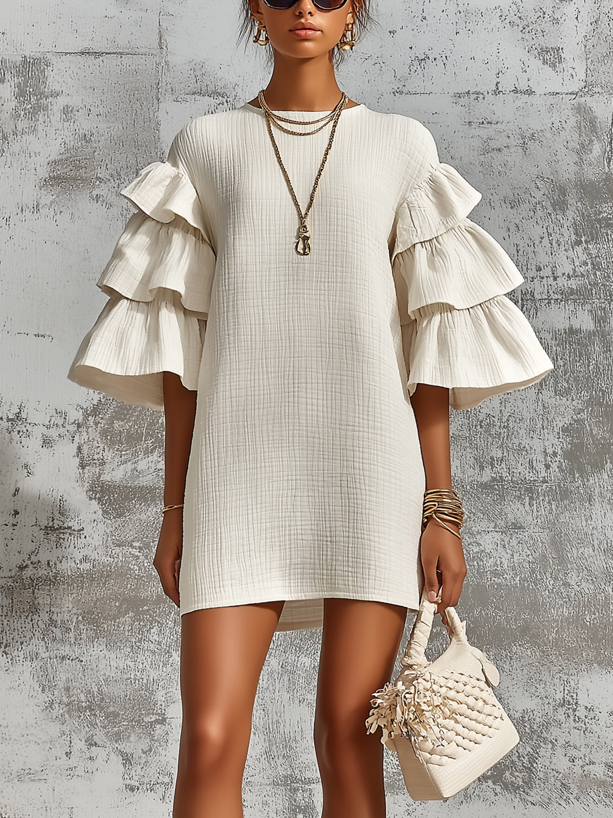 Chic Elegant Cream-White Cotton Blend Round-Neck Flare-Sleeve Ruffled Detail A-Line Loose-Fit Mini Dress