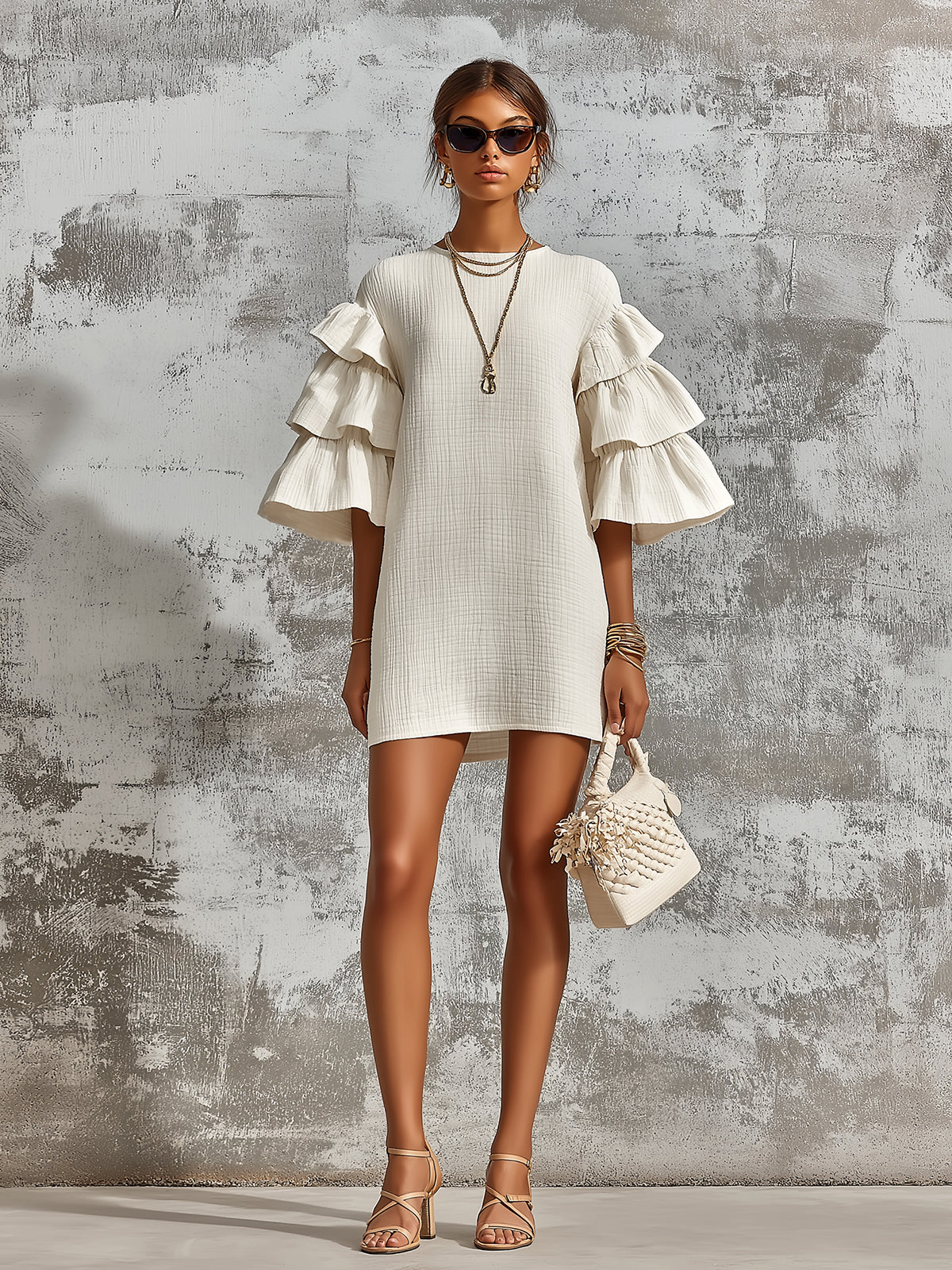 Chic Elegant Cream-White Cotton Blend Round-Neck Flare-Sleeve Ruffled Detail A-Line Loose-Fit Mini Dress