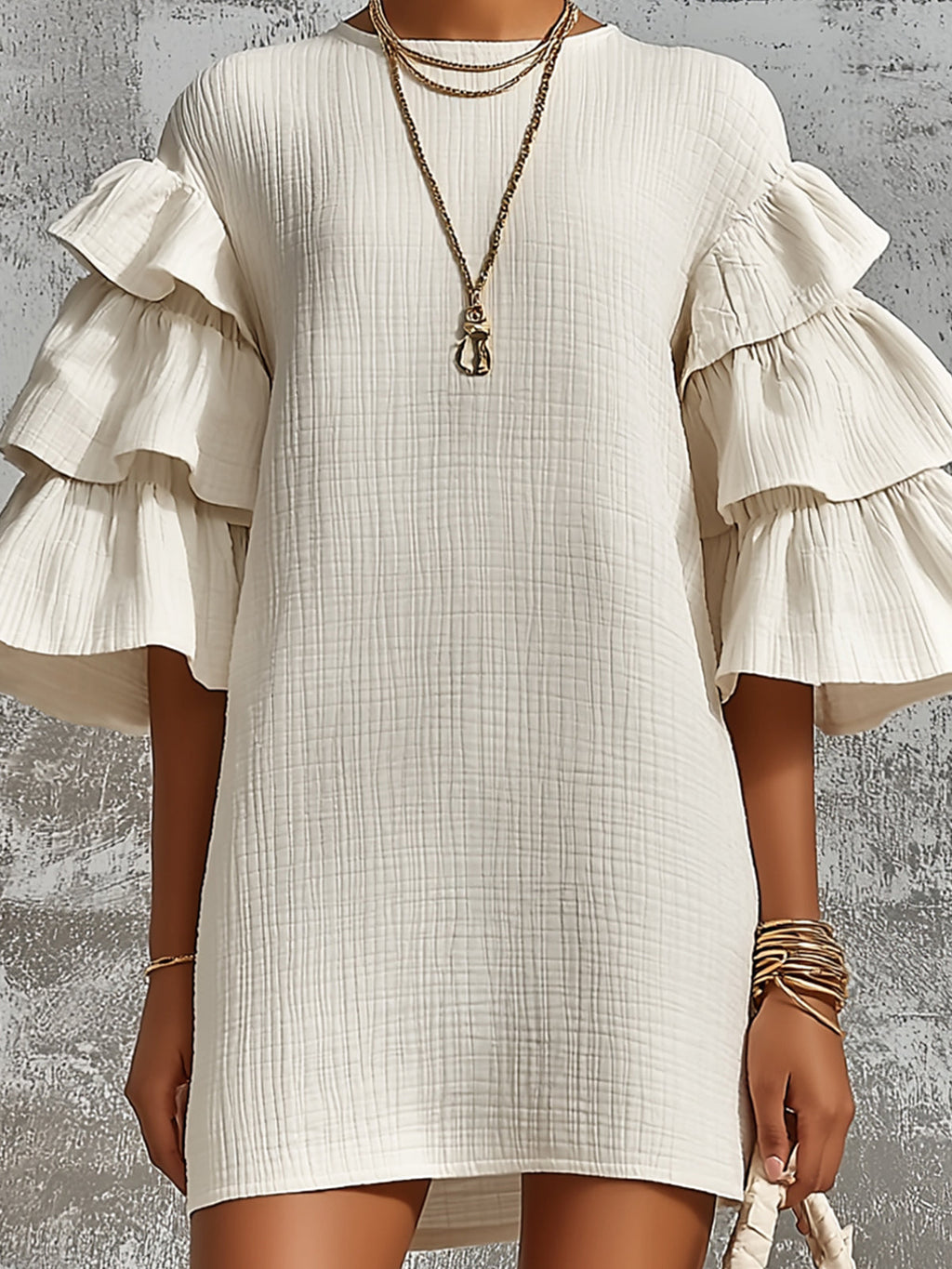 Chic Elegant Cream-White Cotton Blend Round-Neck Flare-Sleeve Ruffled Detail A-Line Loose-Fit Mini Dress