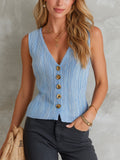 Chic Elegant Blue Melange V-Neck Sleeveless Single-Breasted Slim-Fit Ribbed Knit Vest Top