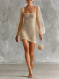 Chic Elegant Light Khaki Square-Neck Organza Long-Lantern-Sleeve Slim-Fit A-Line Knit Mini Dress