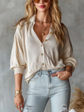 Chic Elegant Cream White Lapel Collar Single-Breasted Long-Lantern-Sleeve Loose-Fit Ribbed Knit Sweater Top