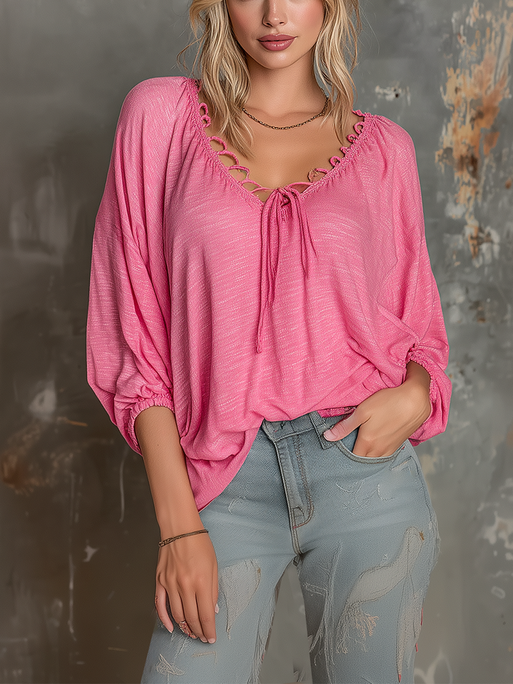 Chic Casual Bright Pink V-Neck Lace-Up Short Sleeve Loose-Fit Slub Cotton Fabric T-Shirt Top