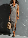 Chic Elegant Gray-Camel Colorblock Button-Up Lapel-Collar Cap-Sleeve Side-Slit Loose-Fit Ribbed Knit Midi Dress