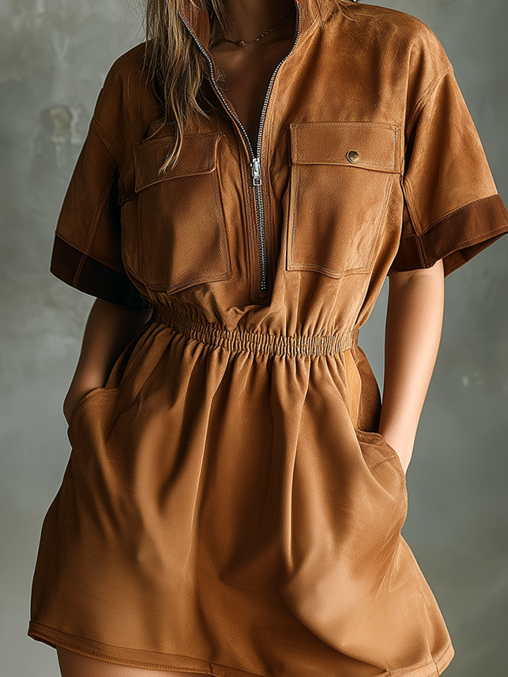 Chic Casual Caramel  Stand Collar Zipper-Up Contrast Trim Patch Pocket Short-Sleeve Tailored-Waist A-Line Faux Suede Fabric Mini Dress
