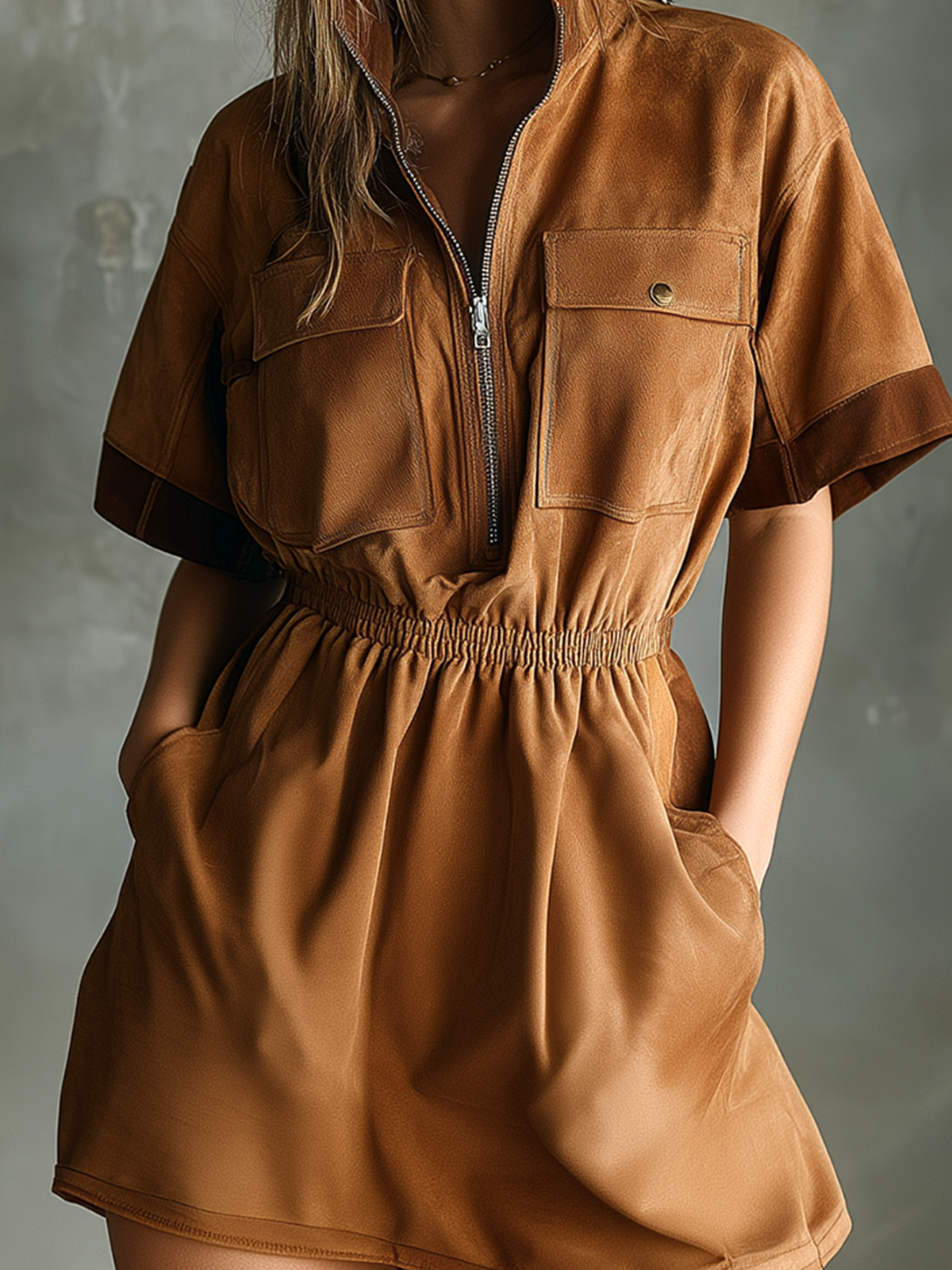 Chic Casual Caramel  Stand Collar Zipper-Up Contrast Trim Patch Pocket Short-Sleeve Tailored-Waist A-Line Faux Suede Fabric Mini Dress