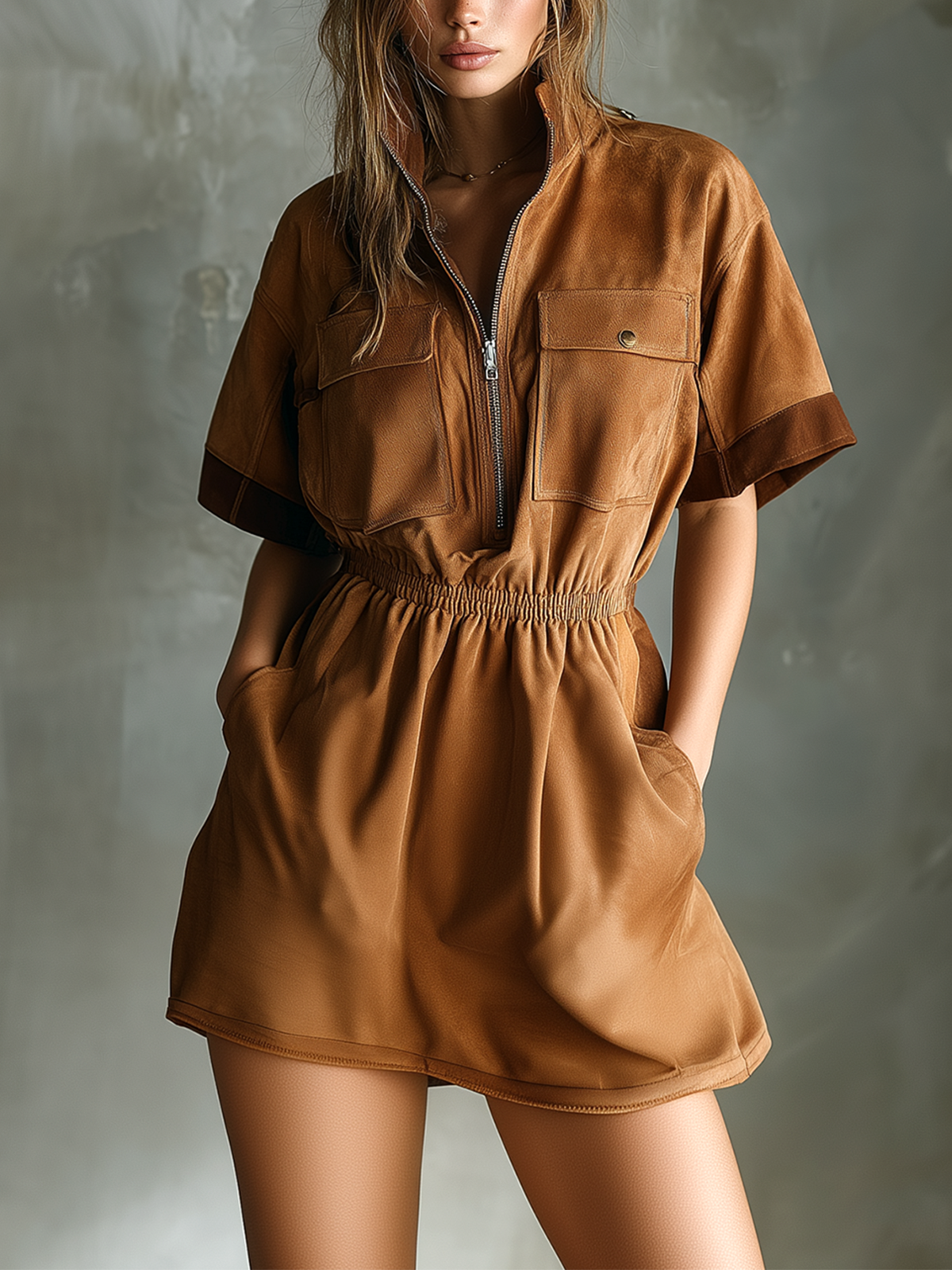 Chic Casual Caramel  Stand Collar Zipper-Up Contrast Trim Patch Pocket Short-Sleeve Tailored-Waist A-Line Faux Suede Fabric Mini Dress