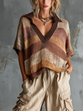 Chic Casual Multi-Color Stripe Lapel Collar V-Neck Short-Sleeve Loose-Fit Mesh Knit Sweater Top
