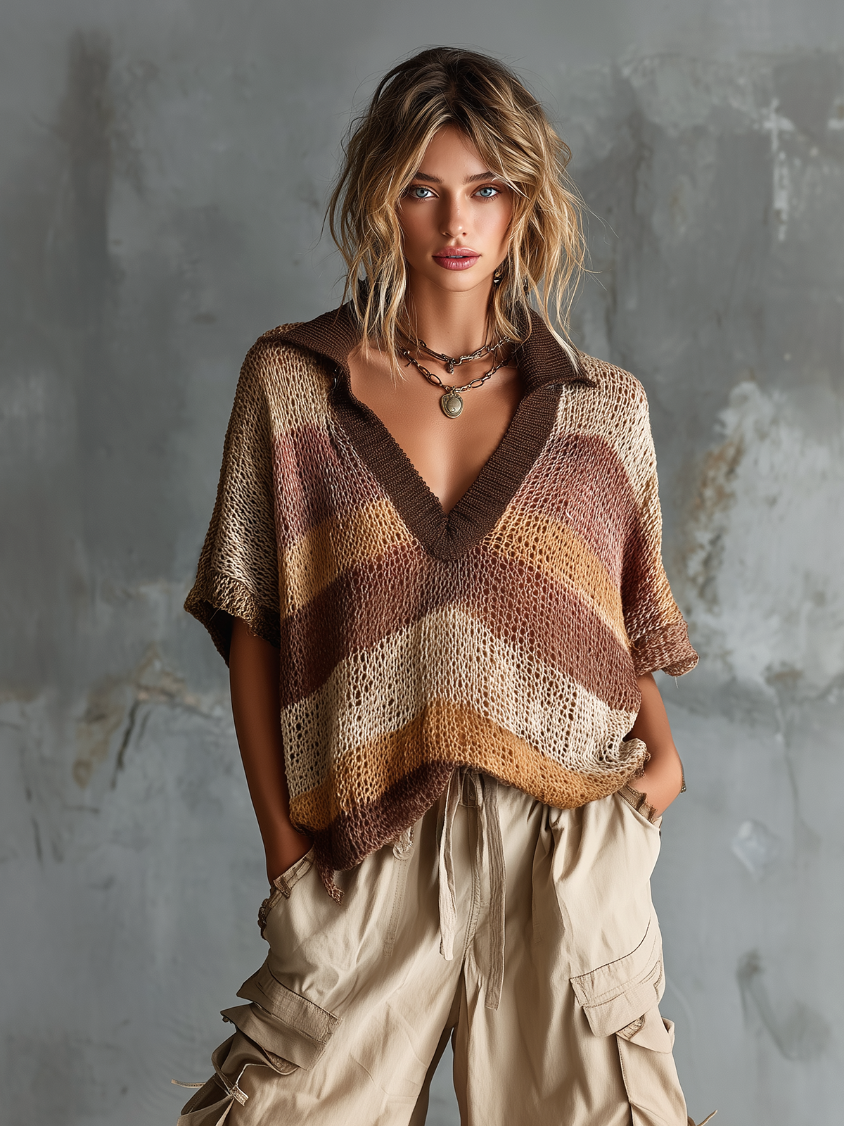 Chic Casual Multi-Color Stripe Lapel Collar V-Neck Short-Sleeve Loose-Fit Mesh Knit Sweater Top