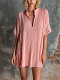 Chic Casual Blush Pink Stand Collar V-Neck Short-Sleeve  Loose-Fit Crinkled Textured Fabric Mini Dress