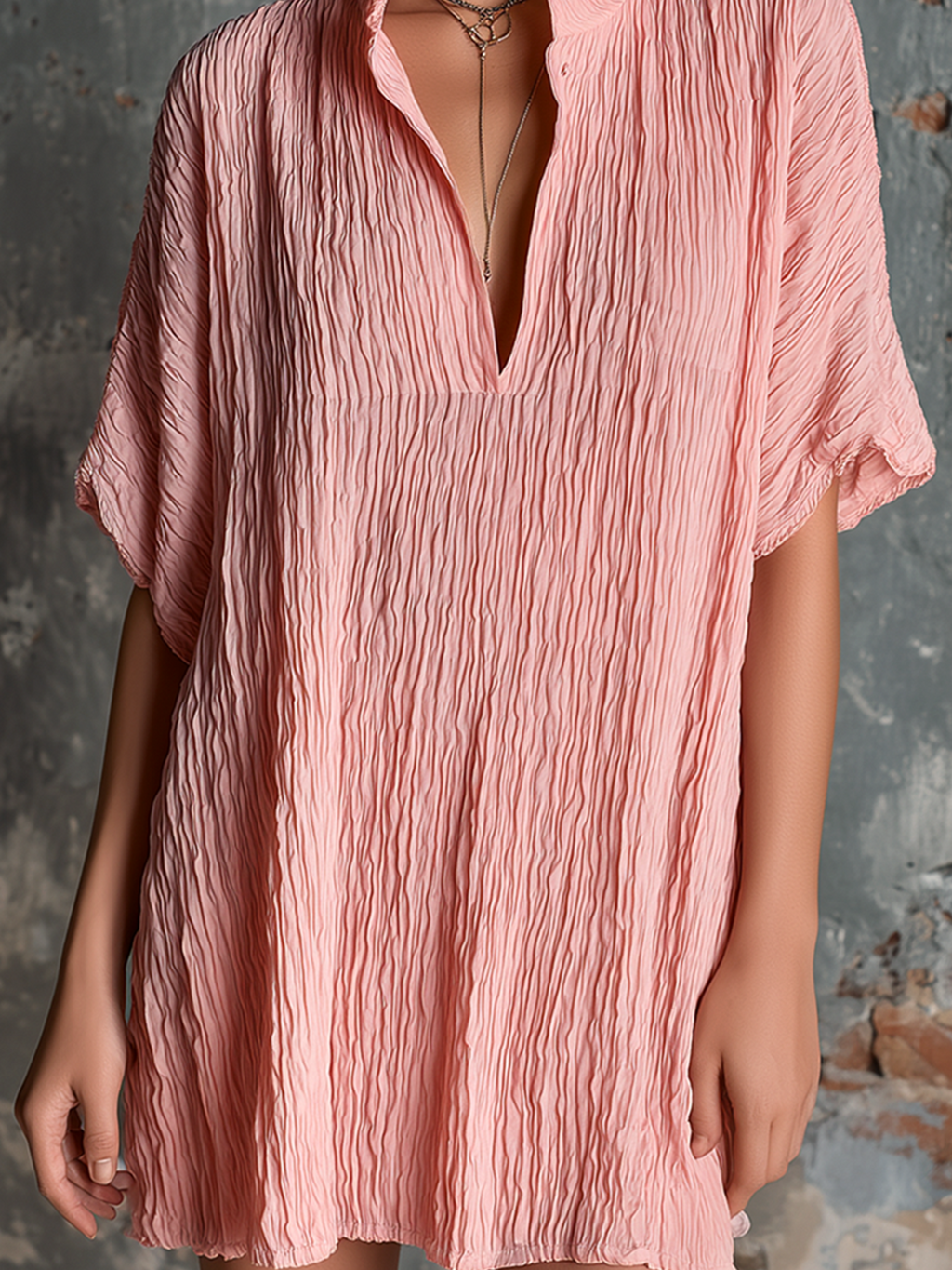 Chic Casual Blush Pink Stand Collar V-Neck Short-Sleeve  Loose-Fit Crinkled Textured Fabric Mini Dress