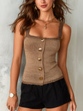 Chic Elegant Brown Spaghetti Straps Square-Neck Single-Breasted Contrast Trim Slim-Fit Knit Tank Top