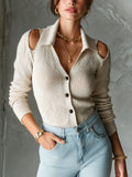 Chic Elegant Beige Lapel-Collar Cutout-Detail Long-Sleeve Single-Breasted Slim-Fit Ribbed Knit Sweater Top