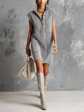 Chic Elegant Gray Button-Up Lapel-Collar Sleeveless Multi-Pockets Loose-Fit Ribbed Knit Mini Dress
