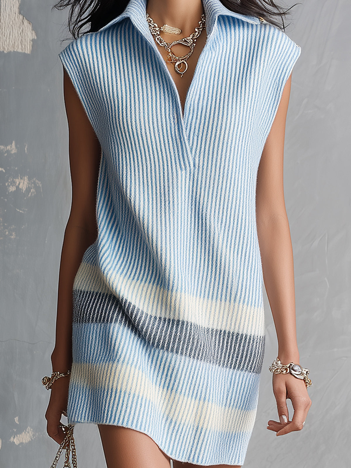 Chic Elegant Blue-White-Gray Colorblock Lapel V-Neck Sleeveless Loose-Fit Ribbed Knit Mini Dress