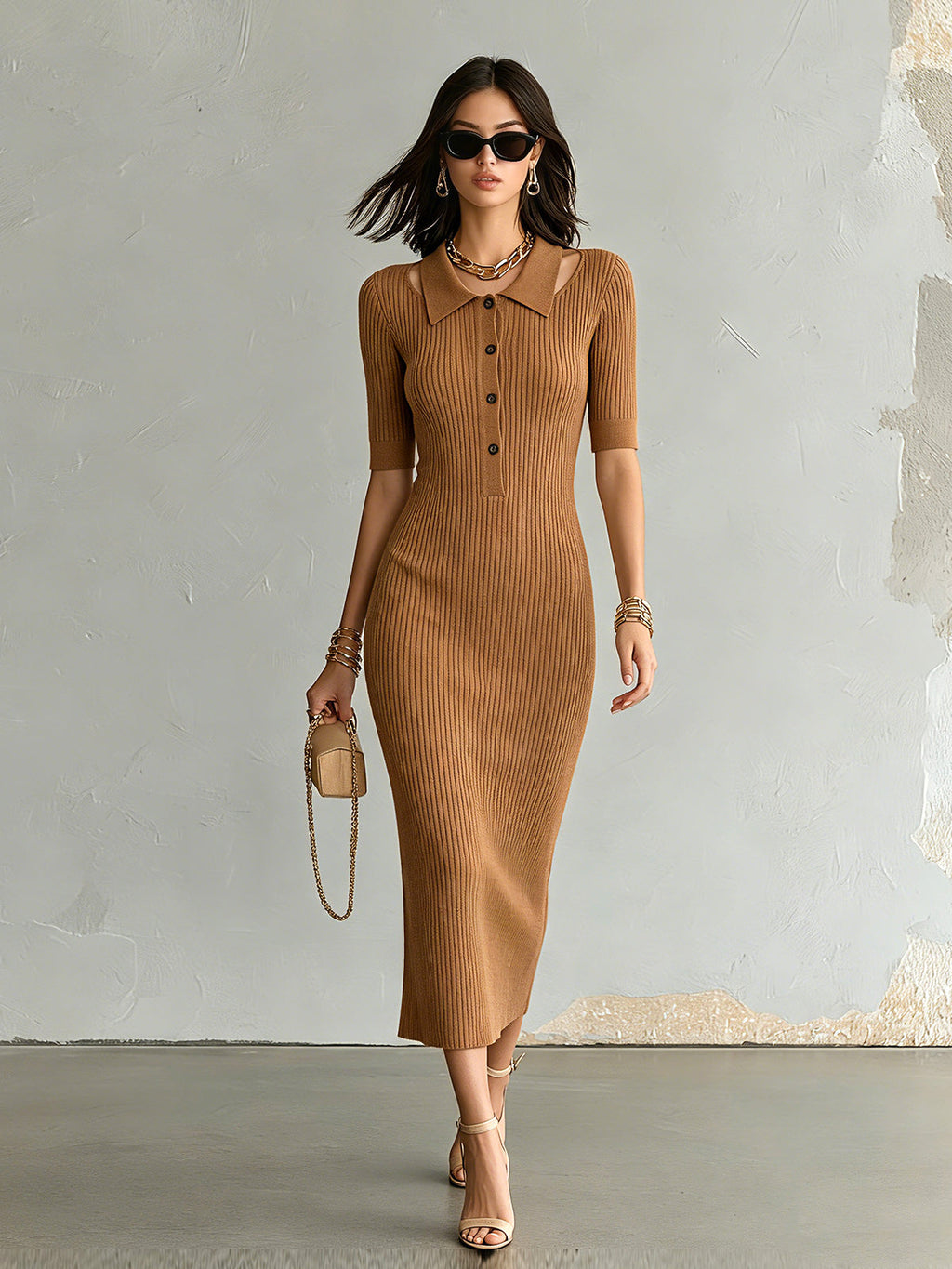 Chic Elegant Caramel Brown Button-Up Lapel-Collar Short-Sleeve Cutout-Detail Slim-Fit Ribbed Knit Midi Dress