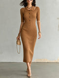 Chic Elegant Caramel Brown Button-Up Lapel-Collar Short-Sleeve Cutout-Detail Slim-Fit Ribbed Knit Midi Dress