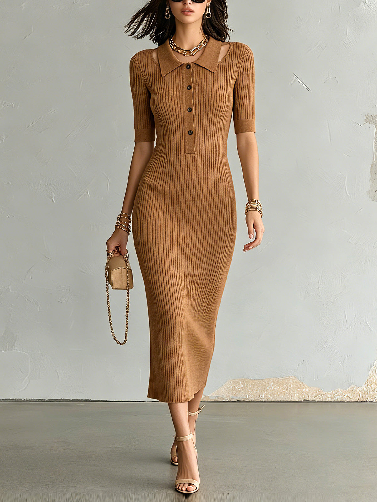 Chic Elegant Caramel Brown Button-Up Lapel-Collar Short-Sleeve Cutout-Detail Slim-Fit Ribbed Knit Midi Dress